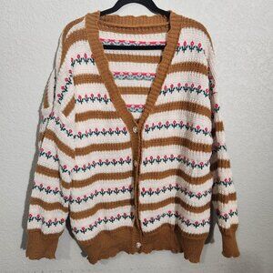 Shein Cardigan Retro Sweater Womens Button-Up Floral Brown White 3XL
